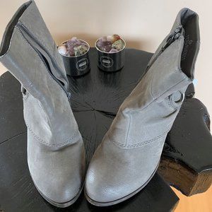 Grey heeled boots with silver circle buckle